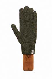 A single dark olive green knit glove with a brown wooden display block, shown against a plain white background.