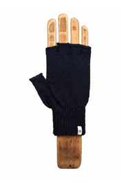 A single dark navy fingerless knit glove displayed on a wooden hand form against a plain white background.