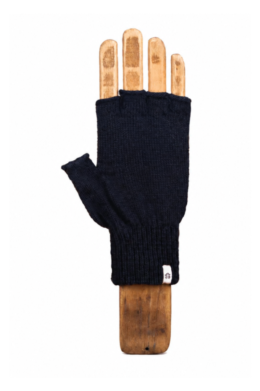 A single dark navy fingerless knit glove displayed on a wooden hand form against a plain white background.