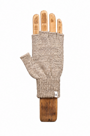 A single knitted fingerless glove in a heathered oatmeal-beige color, displayed on a wooden hand-shaped mannequin against a plain white background.