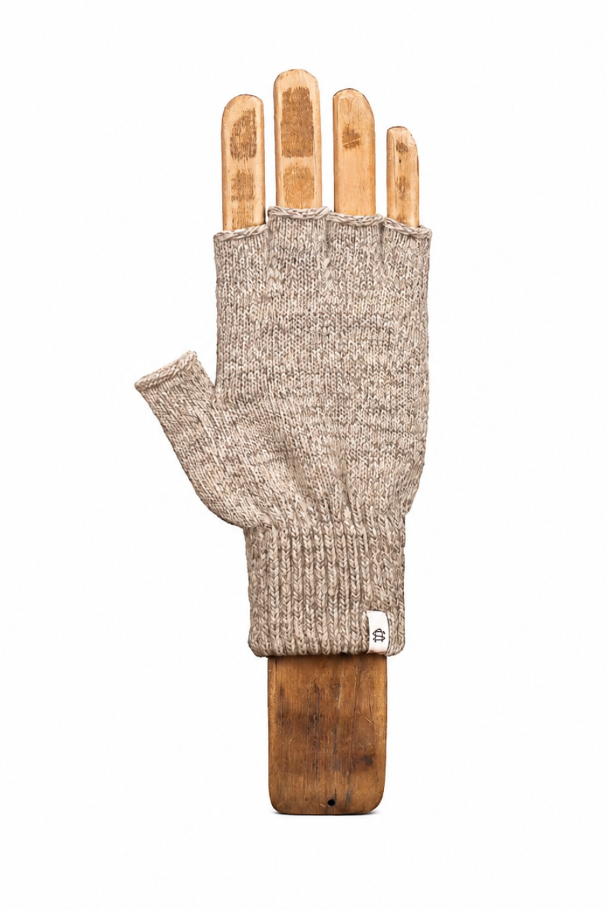 A single knitted fingerless glove in a heathered oatmeal-beige color, displayed on a wooden hand-shaped mannequin against a plain white background.