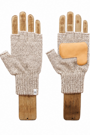 A pair of beige heathered knit fingerless gloves displayed on wooden hand forms against a plain white background. One glove is shown from the back, featuring a ribbed cuff and a small white tag, while the other is shown from the front with a contrasting light tan leather patch on the back of the hand.