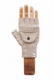 A single fingerless knit glove in a heathered cream and tan color, displayed on a wooden hand-shaped mannequin against a plain white background.