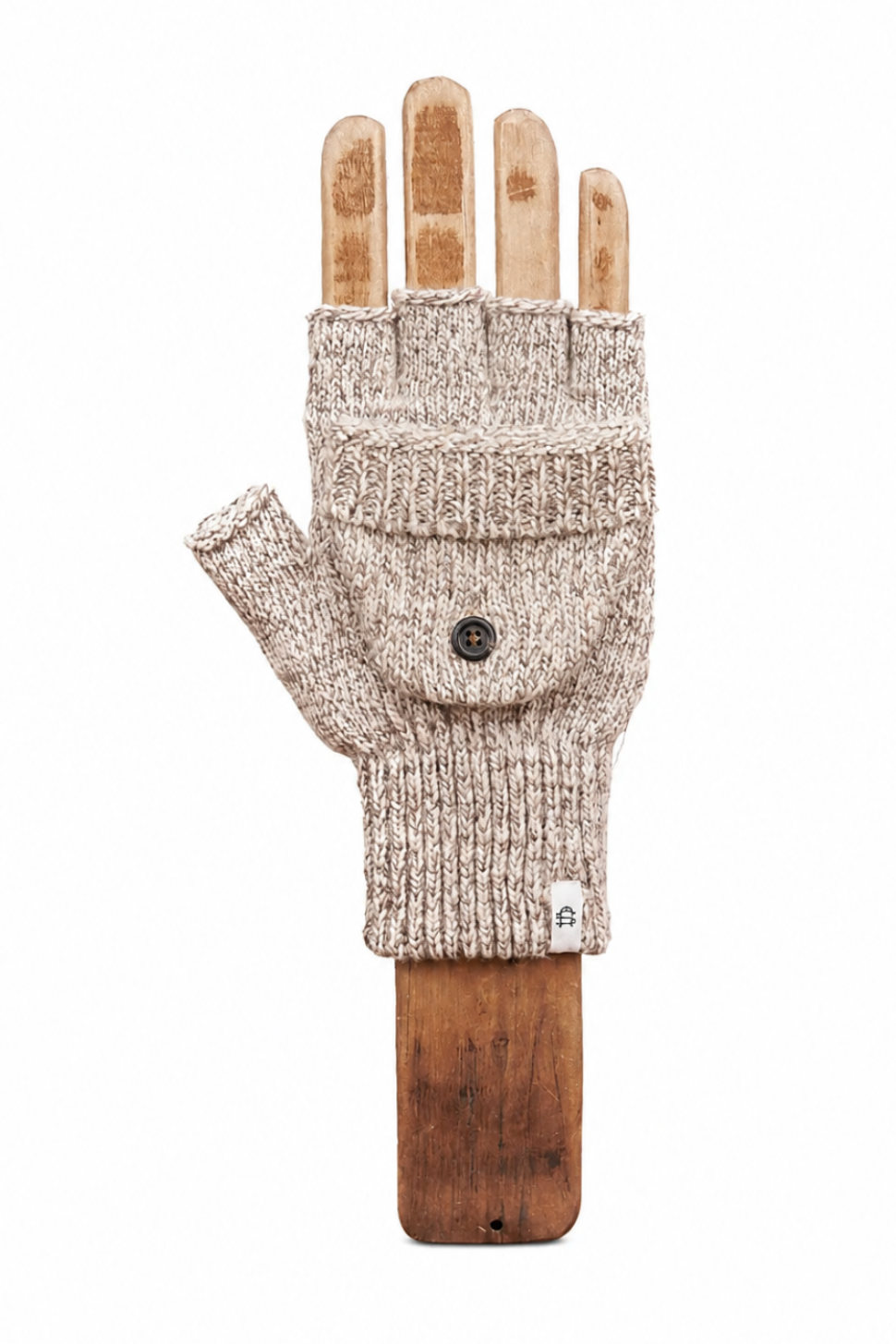 A single fingerless knit glove in a heathered cream and tan color, displayed on a wooden hand-shaped mannequin against a plain white background.