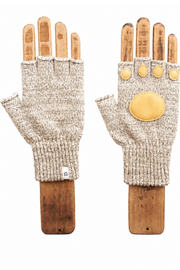 A pair of beige knit fingerless gloves displayed on wooden mannequin hands against a plain white background. One glove shows the knit texture and ribbed cuff, while the other shows the back with a large circular yellow patch and three smaller oval patches on the back of the hand.