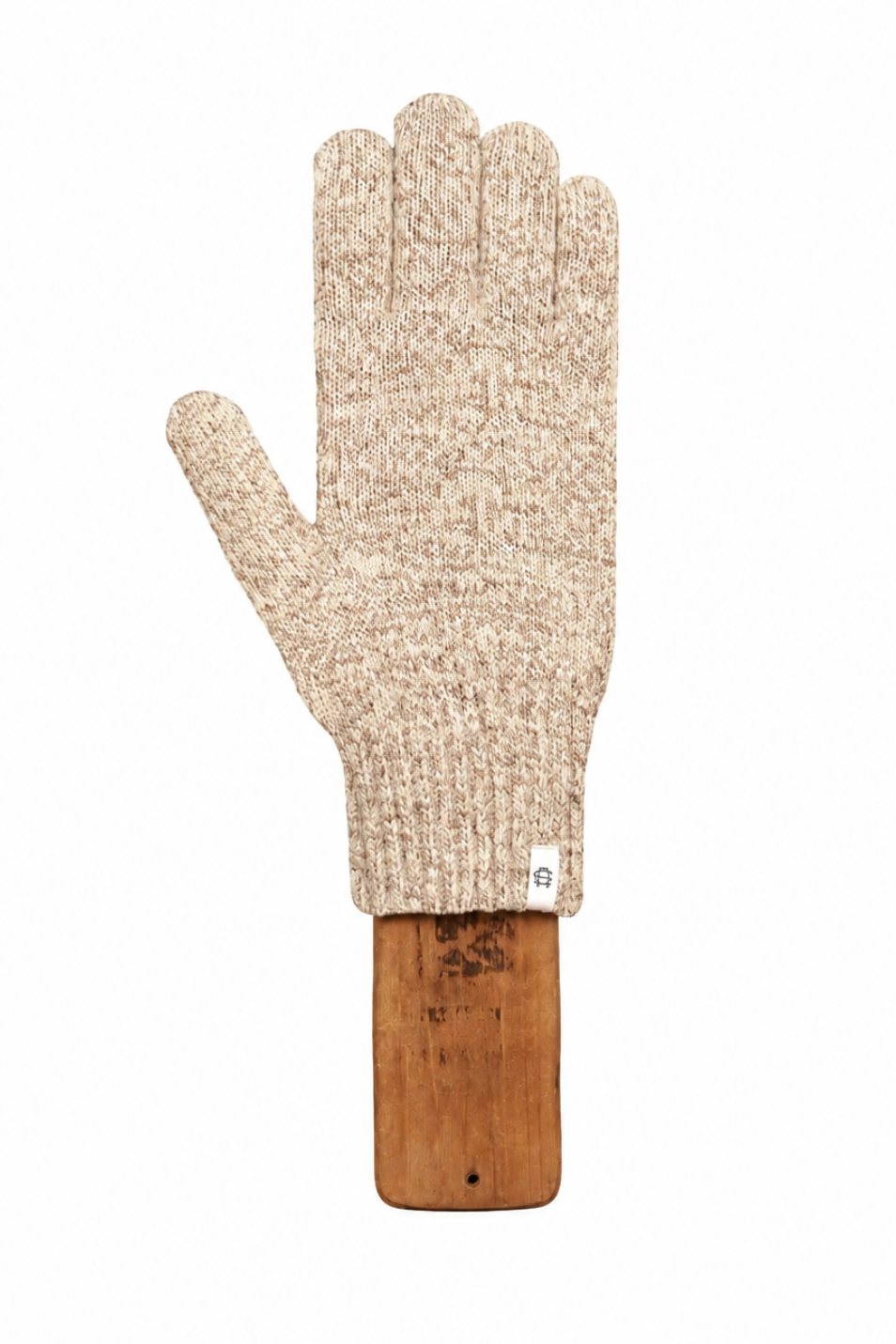 A single knit glove in a heathered cream and tan color, displayed on a wooden stand against a plain white background.