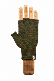 A single fingerless knit glove in dark olive green and black yarn, displayed on a wooden hand-shaped mannequin against a plain white background.