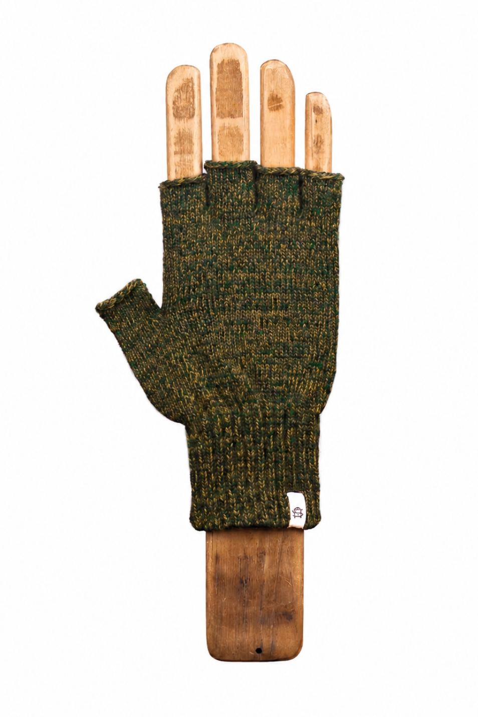 A single fingerless knit glove in dark olive green and black yarn, displayed on a wooden hand-shaped mannequin against a plain white background.