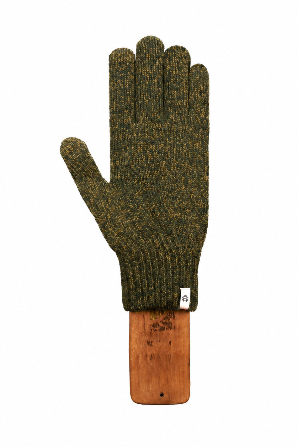 A single knit glove in a dark olive green and brown heathered pattern, displayed on a wooden stand against a plain white background.