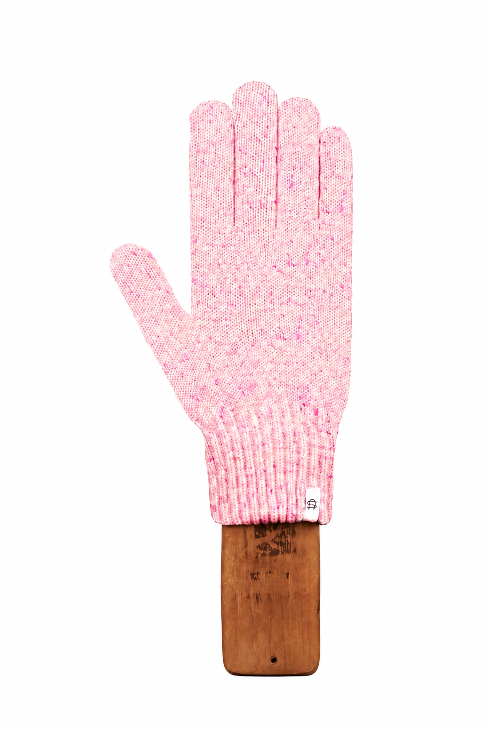 A single pink knit glove with a marled texture and ribbed cuff, displayed on a wooden hanger against a plain white background.