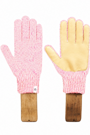 A pair of knit work gloves displayed on wooden handles against a white background. One glove is shown from the back, featuring a pink marled knit body, and the other is shown from the front, featuring a light yellow leather palm and matching pink marled knit cuff.