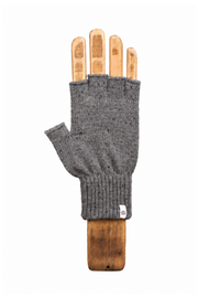 A single gray knit fingerless glove displayed on a wooden hand form against a plain white background.