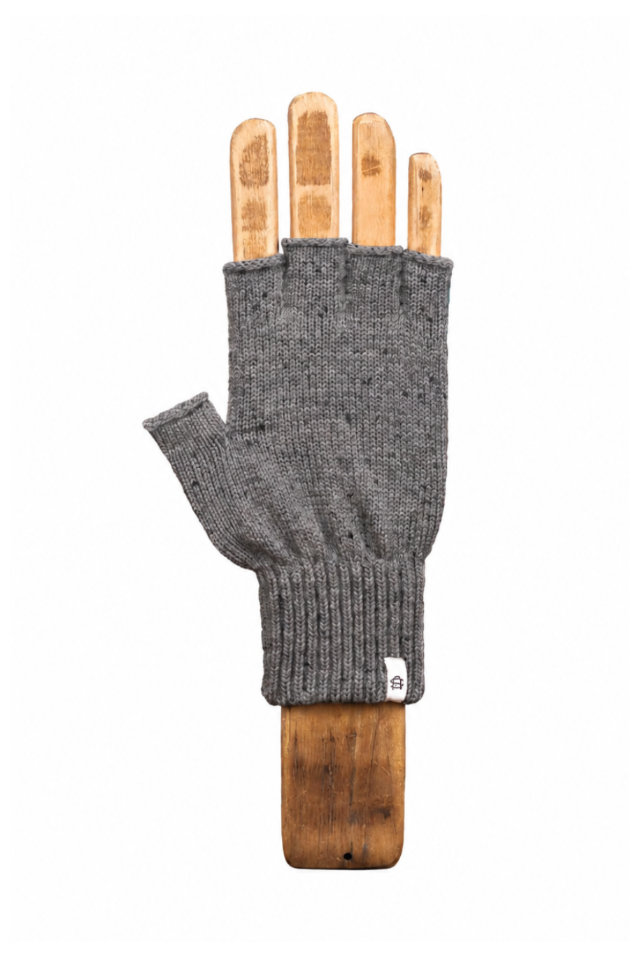 A single gray knit fingerless glove displayed on a wooden hand form against a plain white background.