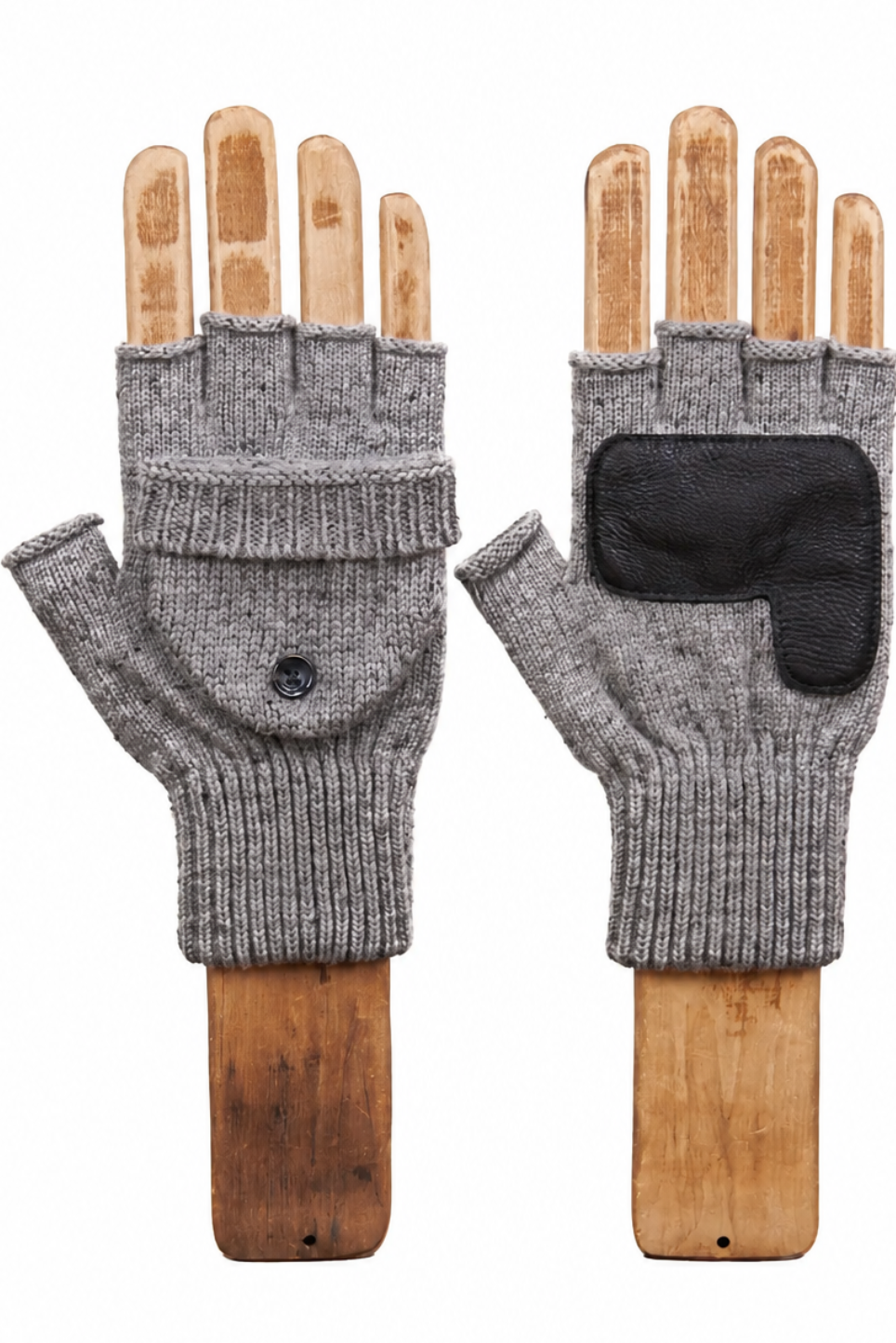 Grey Tweed Ragg Wool Convertible Fingerless 'Glomitt' with Black Deerskin