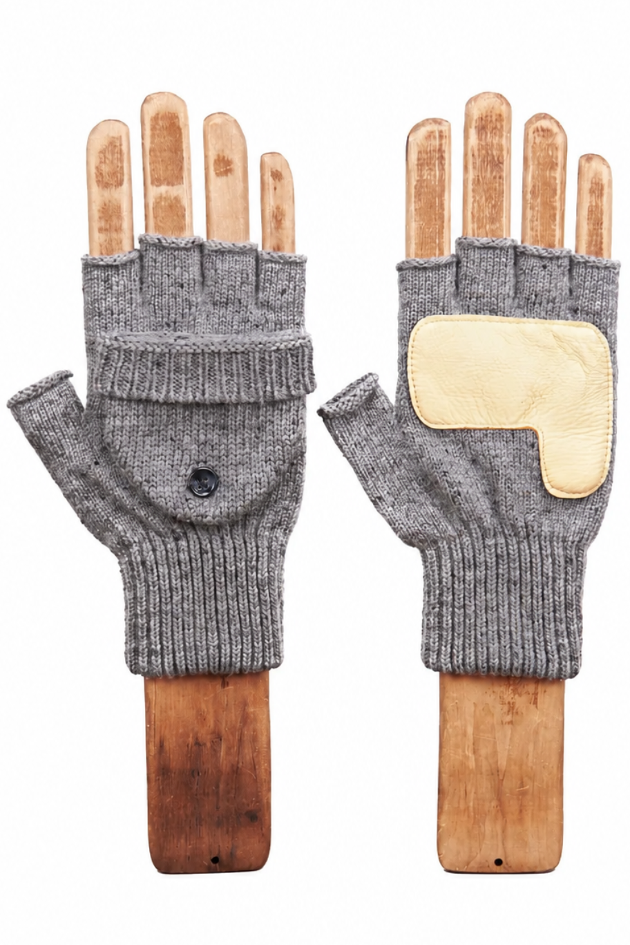 Grey Tweed Ragg Wool Convertible Fingerless 'Glomitt' with Natural Deerskin