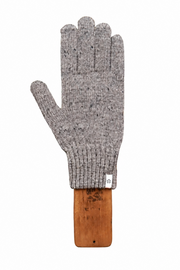 A single knit glove in heather gray and black, displayed flat on a wooden stand against a plain white background.