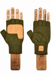 A pair of olive green fingerless knit gloves displayed on wooden mannequin hands against a plain white background. One glove shows a tan leather patch on the back, and the other shows a small tan leather brand patch on the cuff.