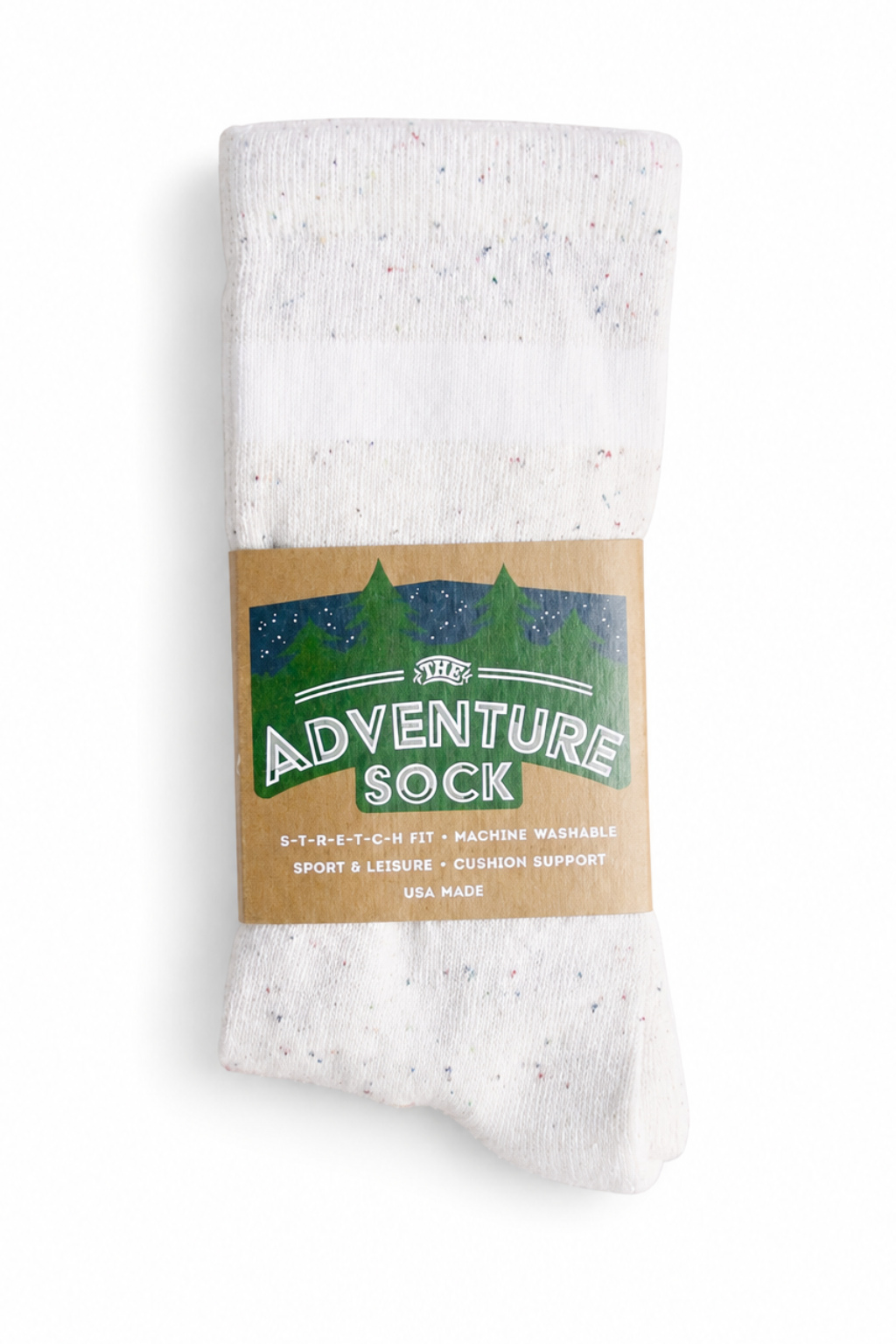 A pair of white heathered crew socks with a brown paper band label that reads 'The Adventure Sock' on a clean white background.
