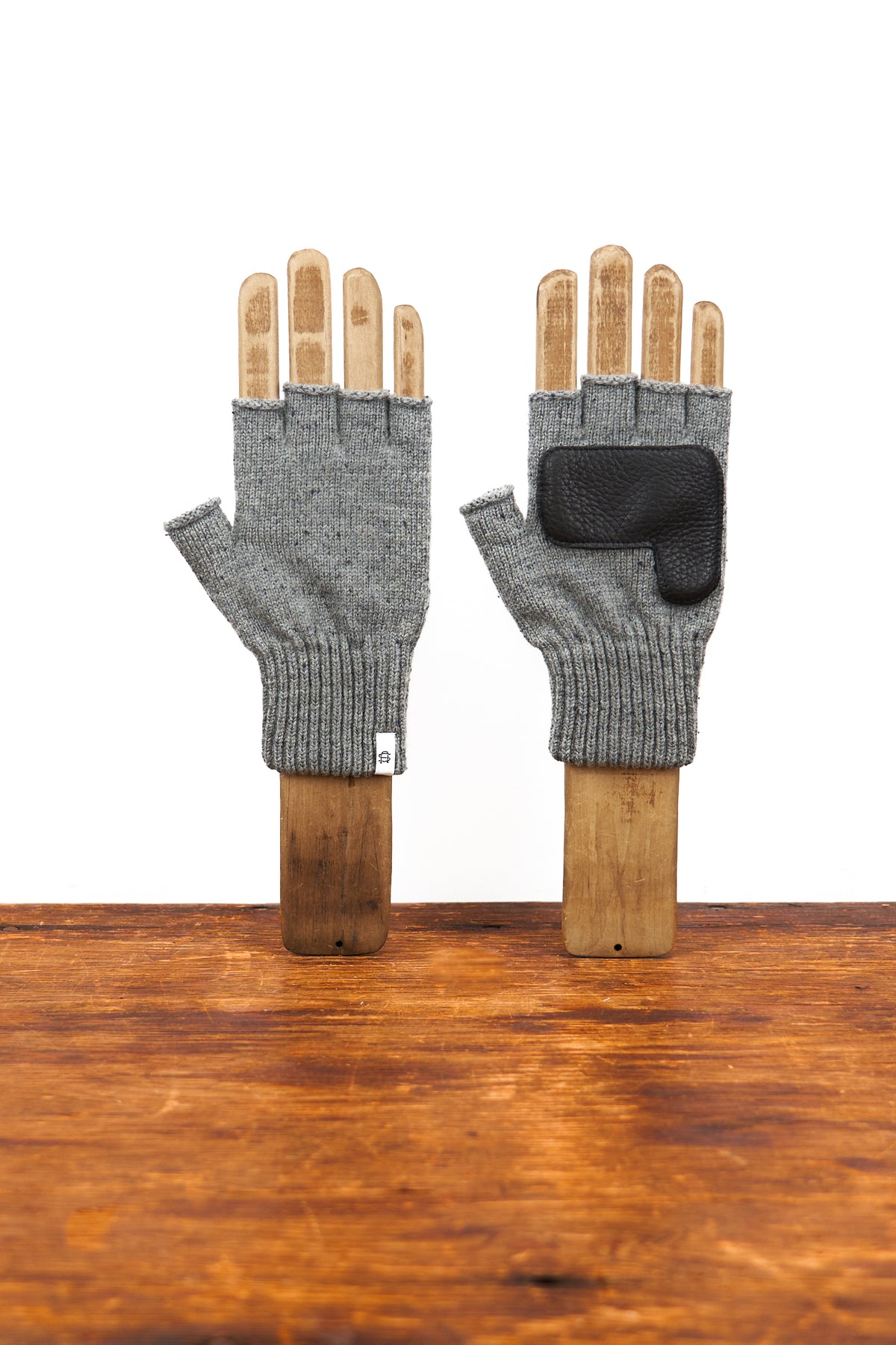 Grey Tweed Fingerless Glove with Black Deerskin Palm