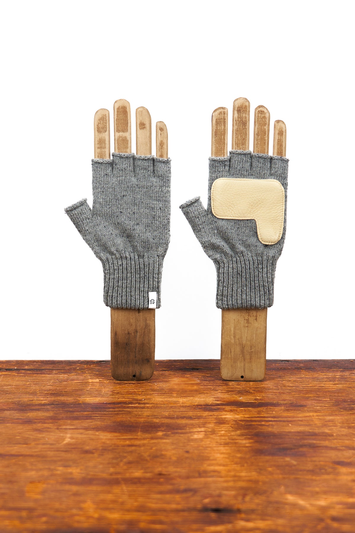Grey Tweed Fingerless Glove with Natural Deerskin Palm