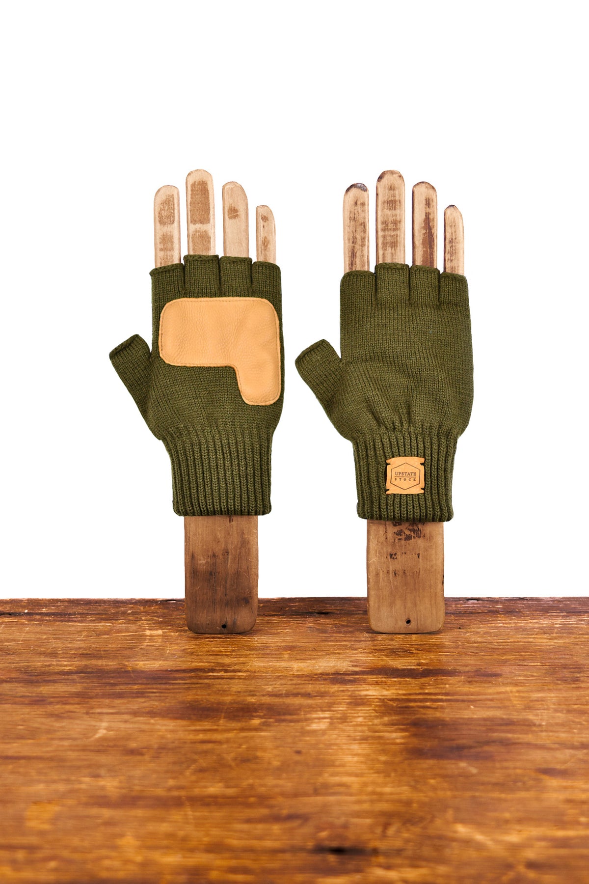 Moss Merino Wool Fingerless Glove w/ Natural Deerskin Palm
