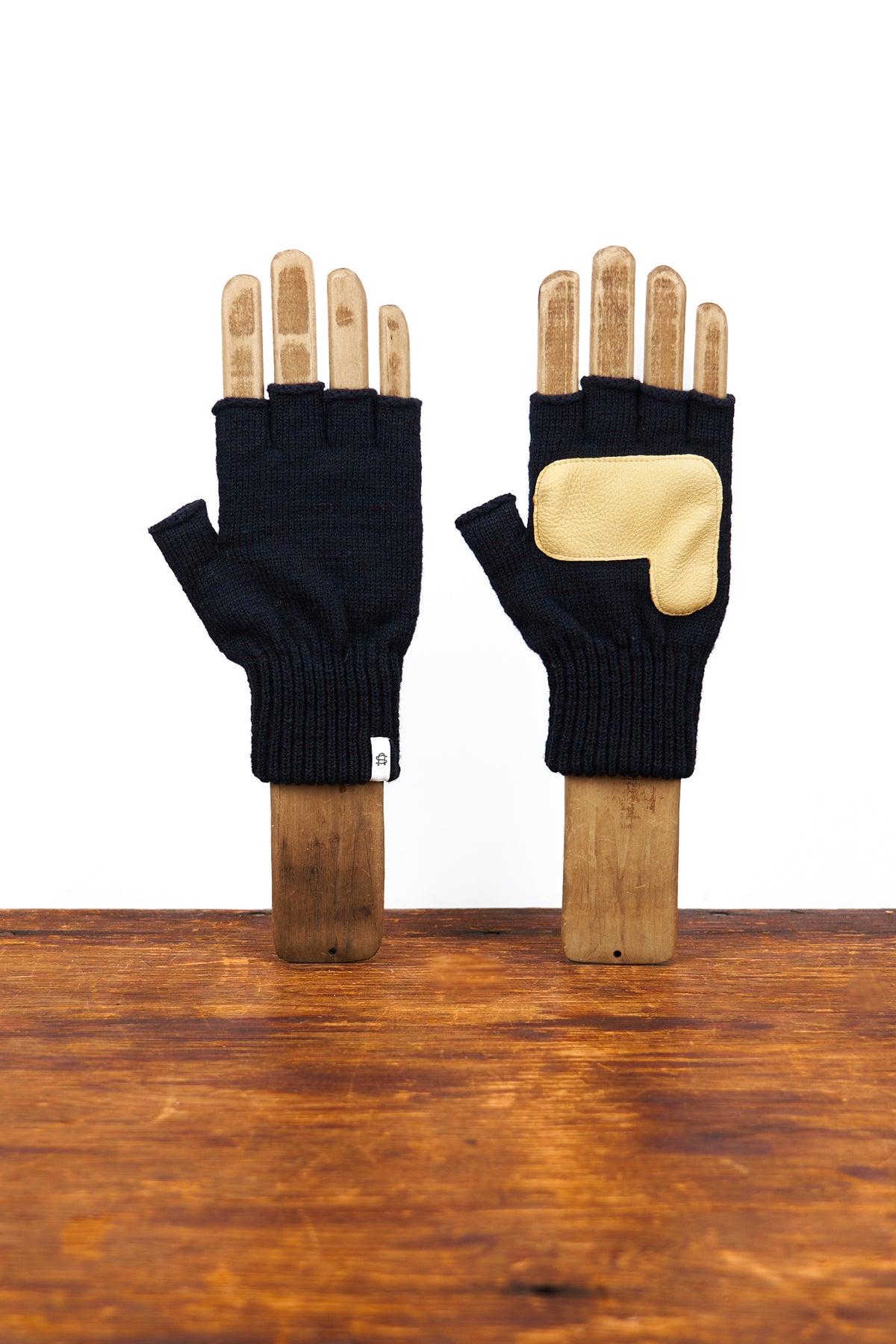 Navy Melange Fingerless Glove with Natural Deerskin Palm