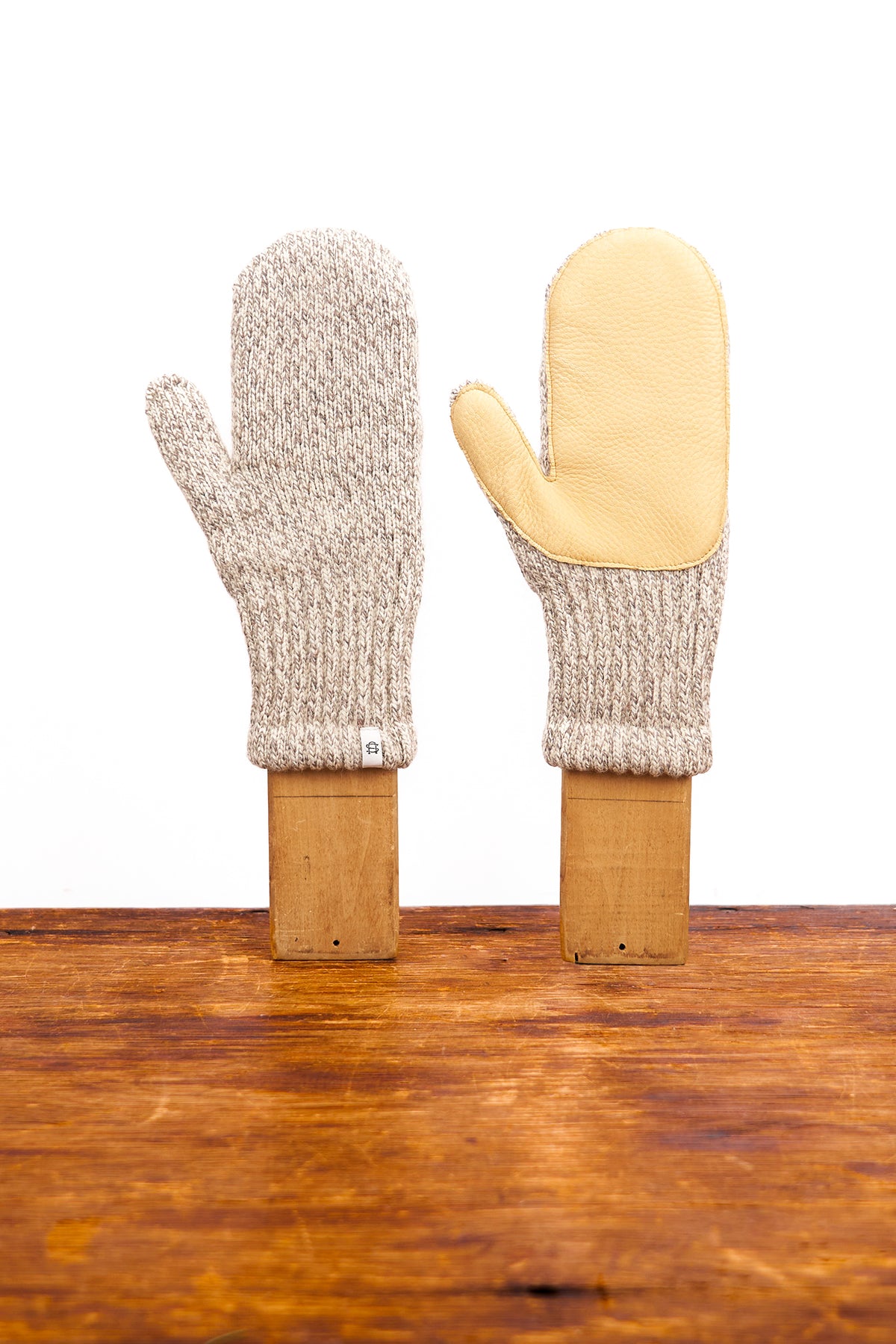 Oatmeal Melange Ragg Wool Mitten with Natural Deerskin