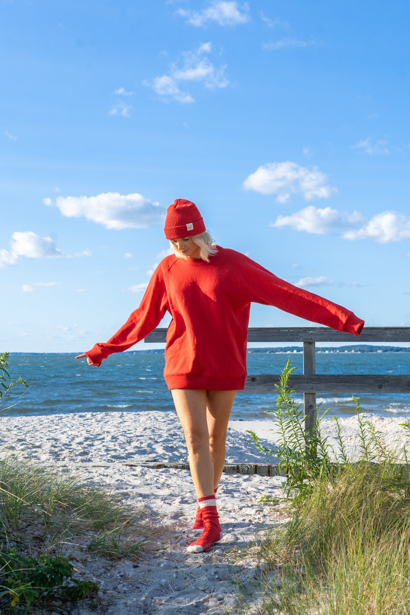 Amagansett Beach Upcycled Terry Cotton Sweater - Cherry Red