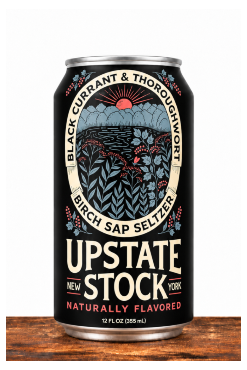 A 12 fl oz can of Upstate Stock Birch Sap Seltzer on a rustic wooden surface against a white background. The can features a black label with a detailed illustration of a forest and sun, and bold cream and red text.