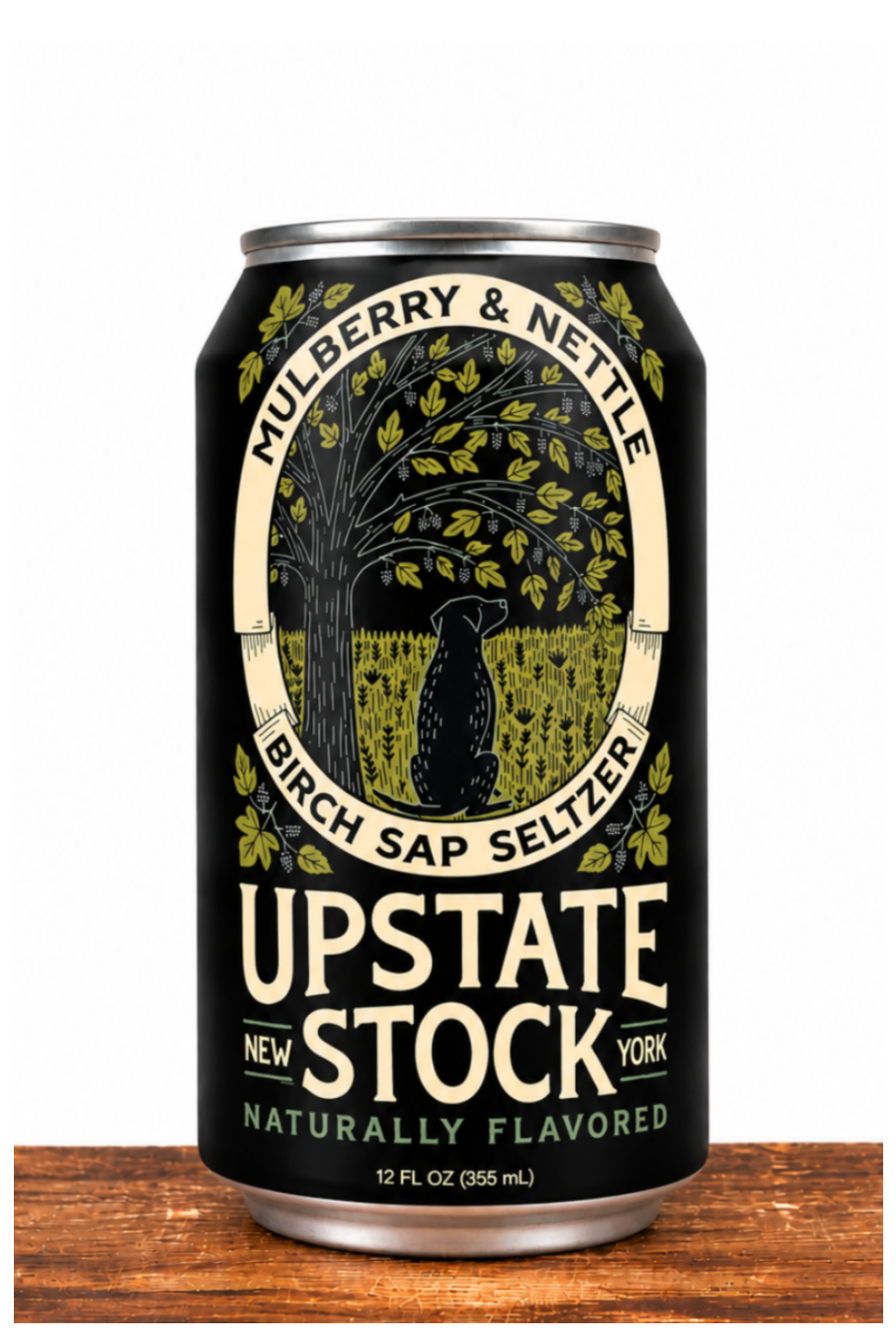 A 12 fl oz can of Upstate Stock Naturally Flavored Birch Sap Seizer beer, featuring a black label with a vintage-style illustration of a birch tree and a bird, set on a rustic wooden surface against a white background.