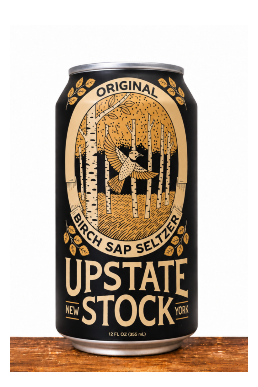 A single can of Upstate Stock Original Birch Sap Seltzer sits on a wooden surface against a plain white background. The can is black with a large tan and gold label featuring a birch tree illustration and the brand name 'Upstate Stock'.