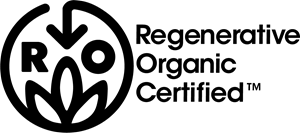 Regenerative Organic Certified logo in black on a white background, featuring a circular emblem with an arrow and leaf design alongside the text 'Regenerative Organic Certified'.