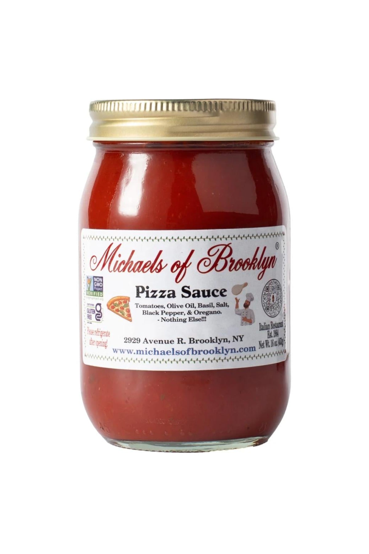 Jar of Michaels of Brooklyn pizza sauce on a white background