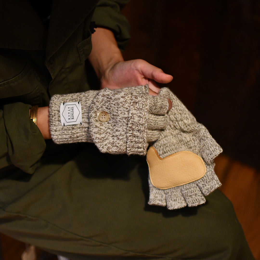 Oatmeal Melange Convertible Fingerless 'Glomitt' with Natural Deerskin